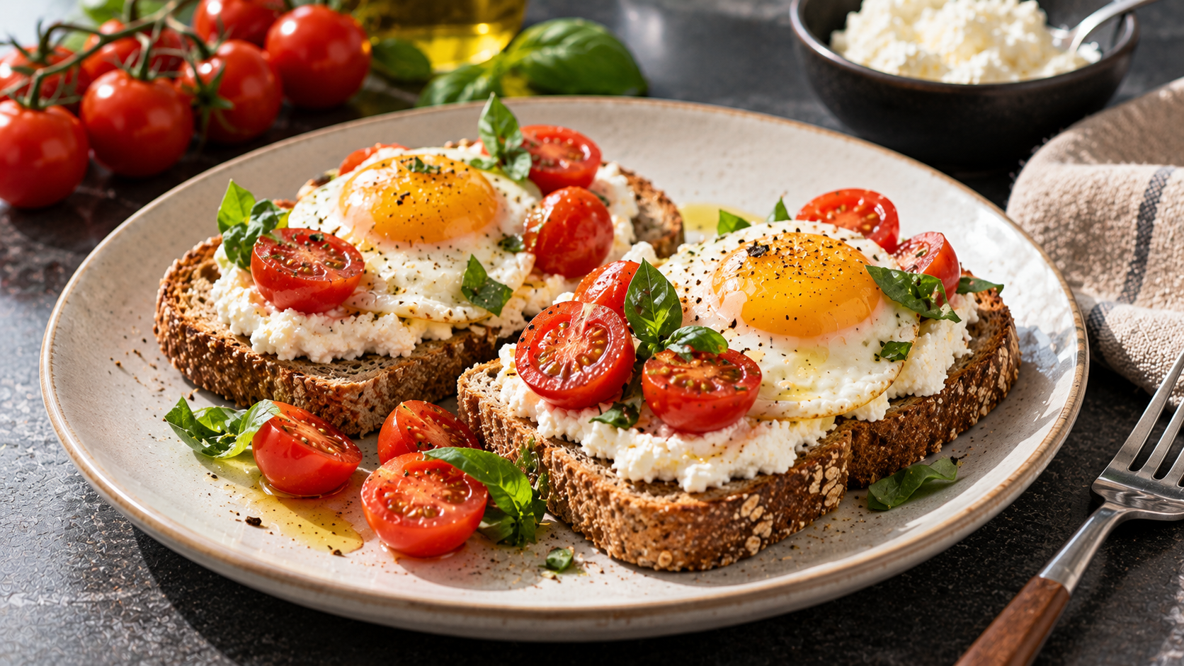 Toast integrale con ricotta, uovo e pomodorini: colazione salata semplice e bilanciata