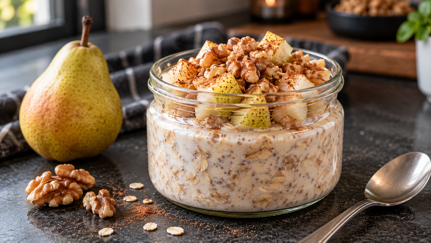 Overnight oats con pera, cannella e noci: colazione cremosa da preparare in anticipo