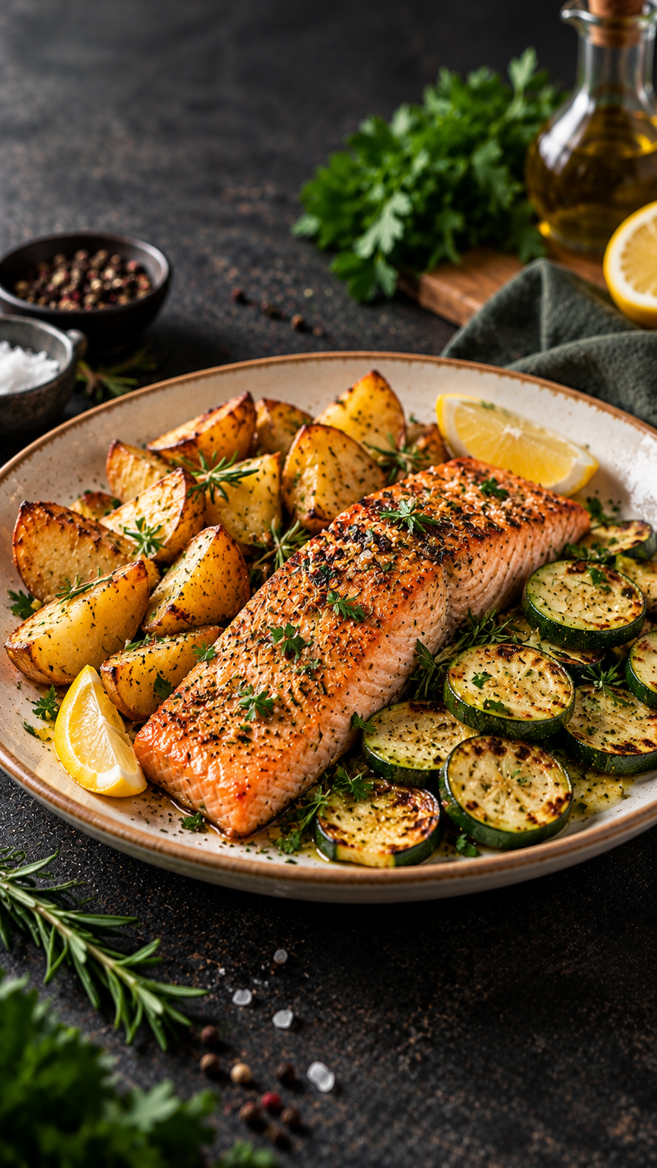 Salmone al forno con patate e zucchine: una cena semplice e nutriente
