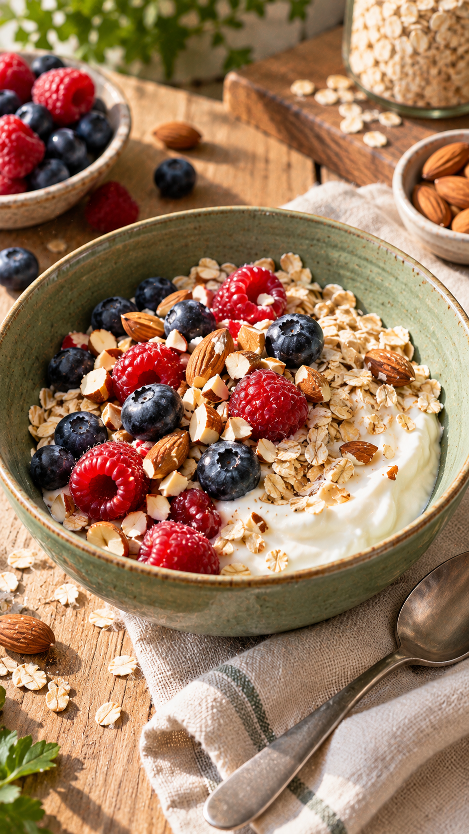 Yogurt greco con avena, frutti di bosco e mandorle