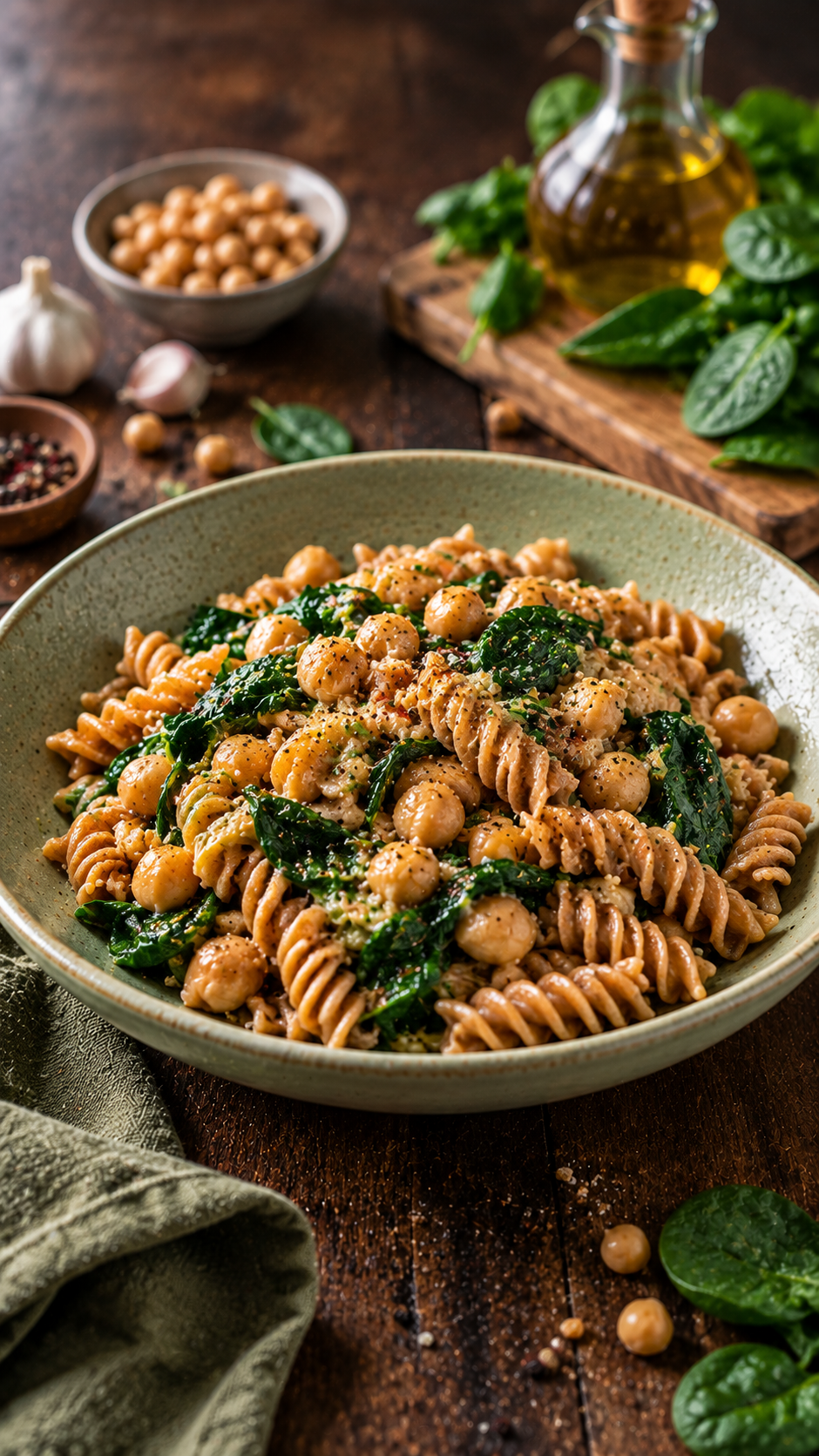 Pasta integrale con ceci e spinaci: un primo piatto vegetale completo