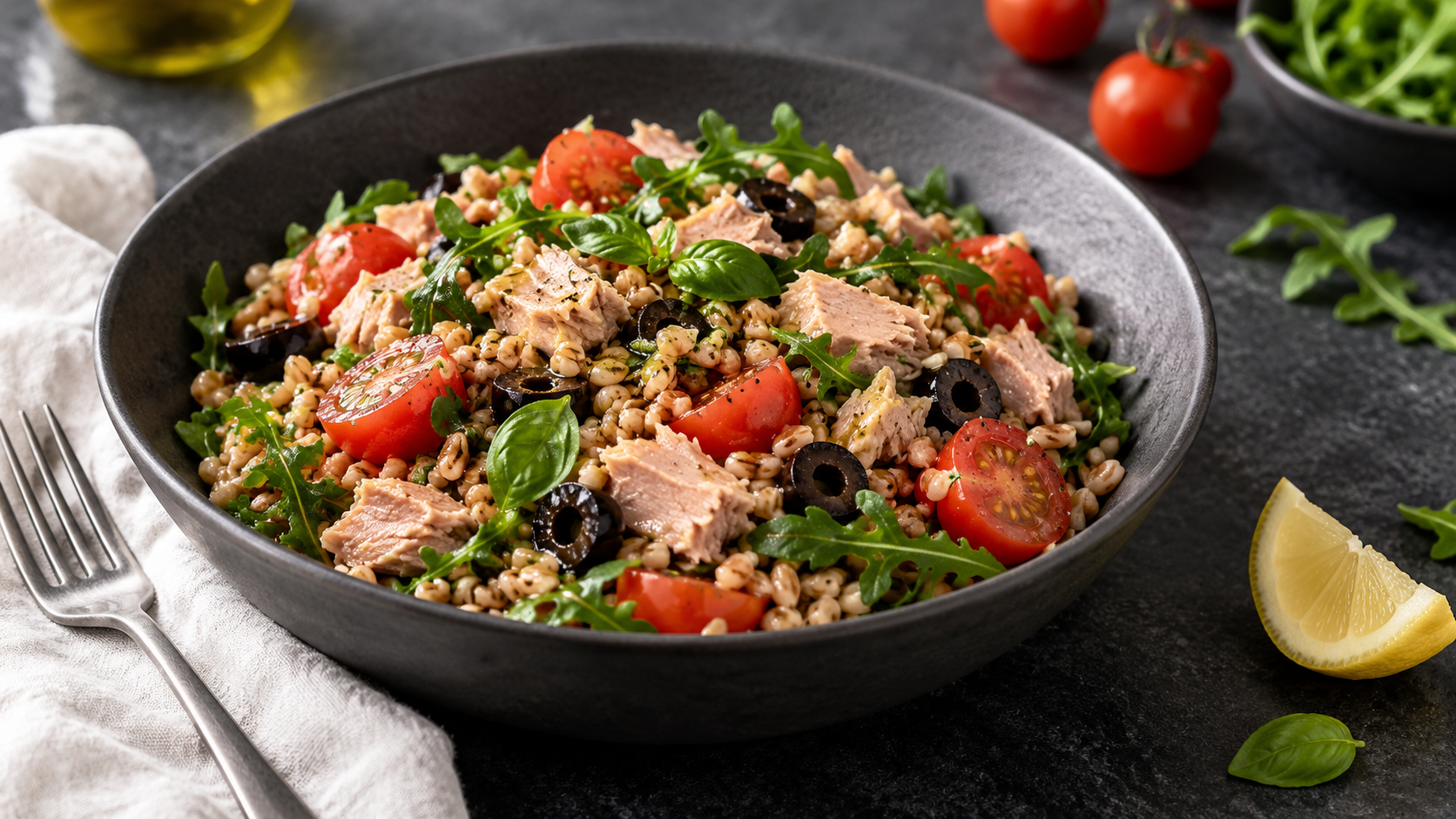 Insalata di farro con tonno, pomodorini e rucola: piatto unico fresco e mediterraneo