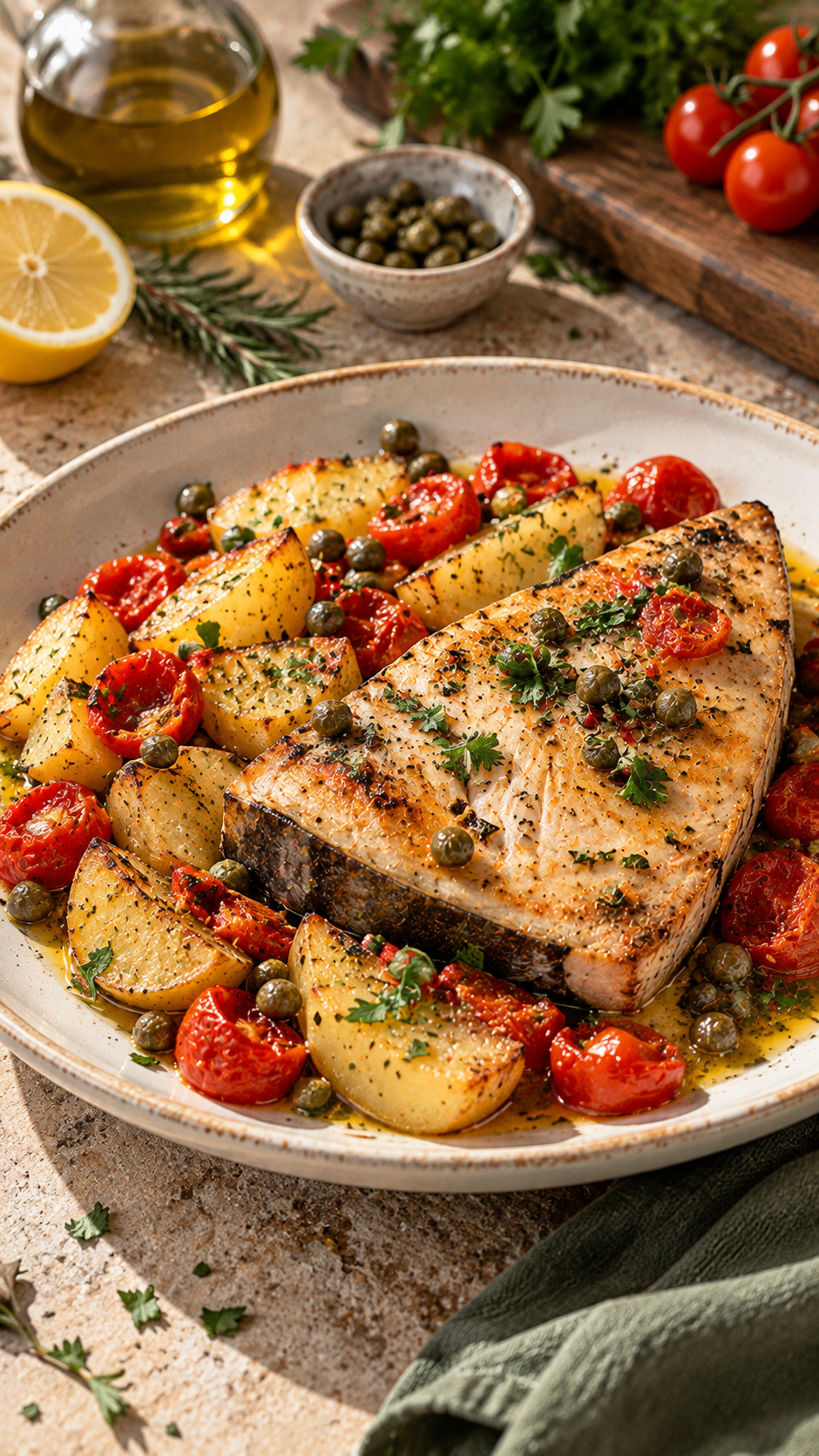 Pesce spada al forno con patate, pomodorini e capperi
